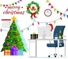 Christmas and New Year Office Desk Workspace Interior. Gift Box, Christmas Tree, Chair, Computer PC, Clocks. New Year Decoration. Merry Christmas Holiday Xmas Celebration. Vector illustration