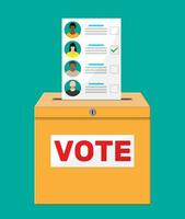 Ballot box and document with candidates. Hand with election bill. Vote paper with faces. Vector illustration in flat style