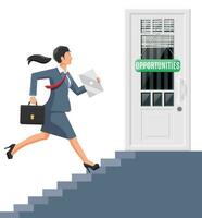 Businesswoman standing in front of closed door. Solution, winning, future, business success concept. Open door of big opportunities. Achievement and goal. Flat vector illustration