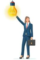 Businesswoman with briefcase creates new idea. Concept of creative idea or inspiration, business start up. Brainstorming and startup. Glass bulb with spiral in flat style. Vector illustration