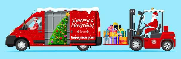 Papa Noel claus en rojo máquina elevadora cargado con pila de regalo cajas y camioneta camión. Navidad regalos entrega y envío. contento nuevo año. alegre Navidad día festivo. nuevo año y Navidad. plano vector ilustración