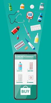 móvil teléfono con Internet farmacia compras aplicación conjunto de pastillas drogas médico asistencia, ayuda, apoyo en línea. salud cuidado solicitud en teléfono inteligente vector ilustración en plano estilo