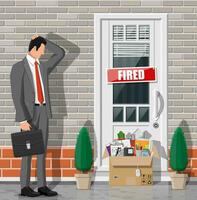 Dismiss employee, door with fired word plate and cardboard box with office items. Hiring and recruiting. Human resources management concept searching professional staff work. Flat vector illustration