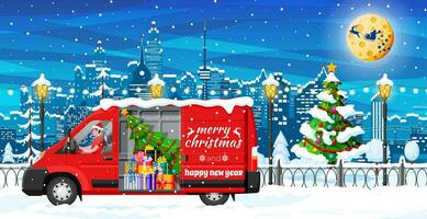 Christmas Delivery Van Truck in Town. Delivery Man in Santa Claus Hat. Happy New Year Decoration. Merry Christmas Holiday. City Covered Snow. New Year and Xmas Celebration. Flat Vector Illustration