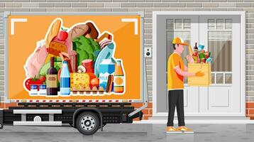 Delivery truck full of food and courier. Concept of fast grocery delivery service. Supermarket, cafe, restaurant. Groceries products, bread, meat milk fruit vegetable drinks. Flat vector illustration