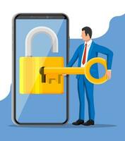 Thief or hacker use key to open smartphone. Hack, cyber security network concept. Phone with padlock on screen. Mobile safety, protection, internet security. Vector Illustration in flat style