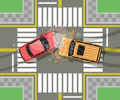 Road accident between two cars. Vehicle collision on grey background. Broken wings and bumpers, crashed windows. Top view. Traffic regulations. Rules of the road. Vector illustration in flat style
