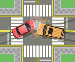 Road accident between two cars. Vehicle collision on grey background. Broken wings and bumpers, crashed windows. Top view. Traffic regulations. Rules of the road. Vector illustration in flat style