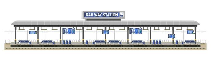 Modern Railway Station for High Speed Train. Platform with Schedule. Super Streamlined Train. Passenger Express Railway Locomotive. Railroad Public Transportation Subway. Flat Vector Illustration