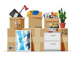 Moving to new house. Family relocated to new home. Paper cardboard boxes with various household thing. Package for transportation. Computer, lamp, clothes, books. Vector illustration in flat style