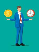 Businessman with clock and money in hands. Annual revenue, financial investment, savings, scales, bank deposit, future income, money benefit. Time is money concept. Vector illustration in flat style