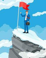 Businessman standing on top of mountain with flag and showing thumb up. Symbol of victory, successful mission, goal and achievement. Trials and testing. Win, business success. Flat vector illustration