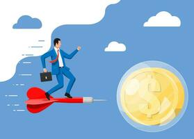 Businessman on dart aim in soap bubble with golden dollar coin. Concept of economy problem, financial crisis, recession, inflation, bankruptcy, income lost, loss of capital. Flat vector illustration