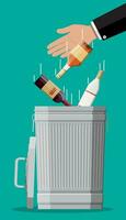 Alcohol abuse concept. Various bottles with booze and trash bin. Stop alcoholism. Rejection. Vector illustration in flat style.