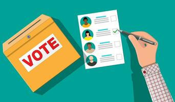 Ballot box, paper with candidates. Hand with pen and election bill. Vote document with faces. Vector illustration in flat style