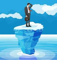 Desperate businessman floats on iceberg. Obstacle on work, financial crisis. Risk management, business challenge, motivation. Flat vector illustration