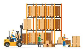 Warehouse shelves with goods, mover and container package boxes. Pile cardboard boxes set. Carton delivery packaging open and closed box with fragile signs. Vector illustration in flat style