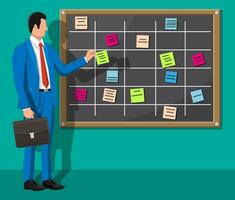 Scrum agile board and businessman. Bulletin board hanging on wall full of tasks on sticky note cards. List of event for employee. Development, team work, agenda, to do list. Flat vector illustration