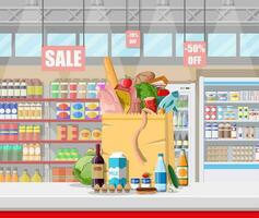 Supermarket store interior with goods. Big shopping mall. Interior store inside. Checkout counter, grocery, drinks, food, fruits, dairy products. Vector illustration in flat style