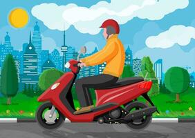 Man on motor scooter. Urban vehicle, city transportation. Guy drive modern motorbike. Cityscape with buildings, tree and road. Cartoon flat vector illustration.