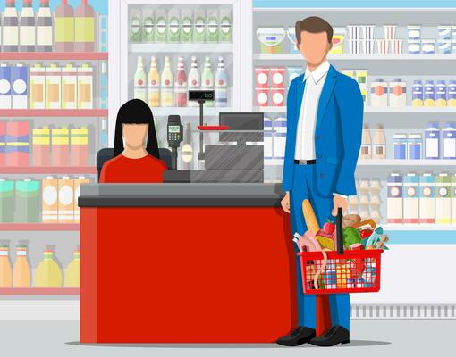 Supermarket store interior with goods. Big shopping mall. Interior store inside. Checkout counter, grocery, drinks, food, fruits, dairy products. Vector illustration in flat style