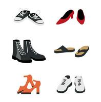 Set of Different Shoes Isolated. Boots, Sneakers, Topsider, High Heel, Flip Flops. Woman Footwear Collection. Different Female Shoes, Side View. Cartoon Flat Vector Illustration