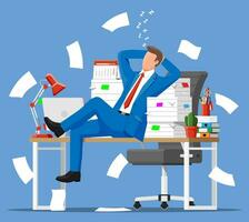 Business man character sleep in bunch of papers. Tired businessman or office worker sleeping on workplace. Stress at work. Bureaucracy, paperwork, deadline. Vector illustration in flat style