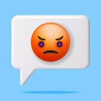 3D Red Angry Emoticon in Chat Bubble Isolated. Render Angry or Sad Emoji. Unhappy Face. Communication, Web, Social Network Media, App Button. Realistic Vector Illustration