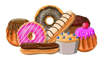 Sweet desserts set. Tasty food. Pastry or bakery. Eclair, donut, muffin. Chocolate cakes with cream custard and berry. Vector illustration in flat style