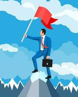 Businessman standing on top of mountain with flag. Symbol of victory, successful mission, goal and achievement. Trials and testing. Win, business success. Flat vector illustration