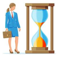 desesperado mujer de negocios cerca rápido corriendo reloj de arena reloj. hora gestión. negocio mujer corriendo prisa a obtener en tiempo. trabajo excesivo, fecha límite, cuenta regresiva. hora es dinero. plano vector ilustración