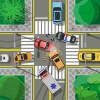 Road accident between two cars. Broken wings bumpers crashed windows. City asphalt crossroad marking, walkways. Roundabout road junction. Traffic regulations. Rules of road. Flat vector illustration