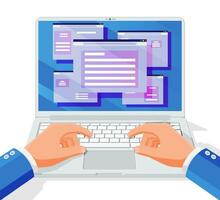 Hands type or print on laptop keyboard. Browser window on screen. Operating system user interface, gui on notebook. Computer software. Documents folder with ui panels. Flat vector illustration