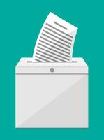 votación caja. envase con bloquear lleno de documentos documentos. votación caso para sugerencias elecciones. caja para consejos y donaciones vector ilustración en plano estilo