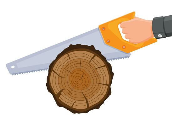 Saw Sawing Tree Trunk. Carpenter Sawing Wood. Wood Cut, Cross Section of Tree or Stump. Carpentry Work. Wooden Log and Hand Saw. Cartoon Flat Vector Illustration