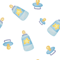 cute Newborn boy set with blue baby pacifier and Milk bottle. Hand drawn watercolor seamless pattern on transparent background. concept of caring for babies, parenthood and childhood png