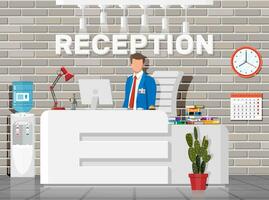 Modern reception interior. Hotel, hospital clinic or business office reception desk. Lobby or waiting room inside. Receptionist workplace. Computer, lamp, clock, chair, plant. Flat vector illustration
