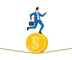 Businessman on coin walking on rope with suitcase. Business man walking on tightrope gap. Obstacle on road, financial crisis. Risk management challenge. Vector illustration in flat style