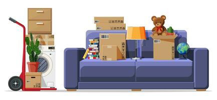 Moving to new house. Family relocated to new home. Sofa with paper cardboard boxes with various household items. Package for transportation. Barrow, lamp. Vector illustration in flat style