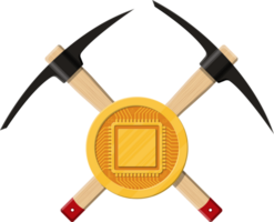 Golden coin with computer chip and pickaxe png