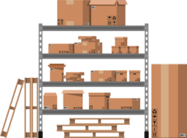 Pile cardboard boxes on warhouse shelves png