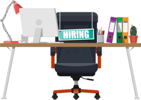 Office chair, sign vacancy, table with office items png