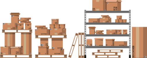 Pile cardboard boxes on warhouse shelves png