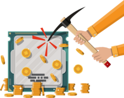 Golden coin with computer chip and pickaxe png