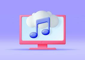 3d música nube Nota en computadora. hacer escritorio ordenador personal transmisión música plataforma icono. moderno música Servicio símbolo. Nota realista diseño. musical nota, sonido, canción o ruido signo. vector ilustración