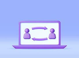 3D User Sync or Switch Symbol in Laptop. Render User Exchange, Synchronization or File Transfer. User Profile with Arrows Icon. Employee Replacement or People Swap Position. Vector illustration