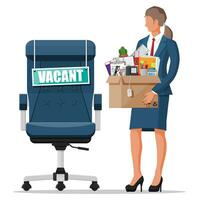 Office chair, sign vacancy. Employee with box with office goods. Hiring and recruiting. Human resources management, searching professional staff, work. Found right resume. Flat vector illustration