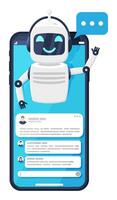 Smartphone with Chat Bot Speak in Bubble on Screen. Robot with Speech Window. Chatbot Greets. Online Support Bot. Artificial Intelligence, AI Helper Service Support Assistant. Flat Vector Illustration