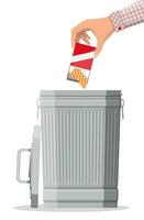 Tobacco abuse concept. Hand putting cigarettes package in trash bin. No smoking. Rejection, proposal smoke. Vector illustration in flat style.