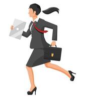 Businesswoman is fast running with waving necktie and briefcase. Business woman rushing hurry to get on time. Time is money concept. Work late or overtime. Flat vector illustration